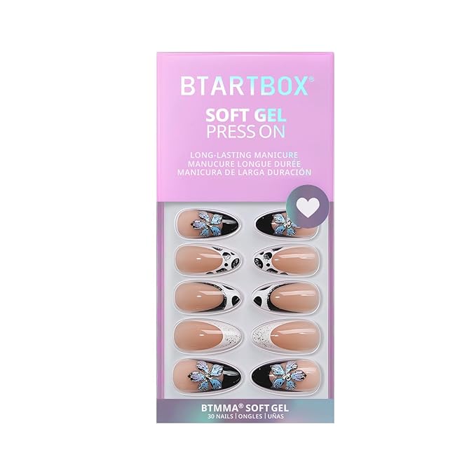 BTArtbox Press On Nails Medium - 3D Flower Almond French Tip Press On Nails with Glue for Women, Opaque Soft Gel Glue On Nails in 15 Sizes - 30 Stick On Nails Kit, Bessie & Bestie
