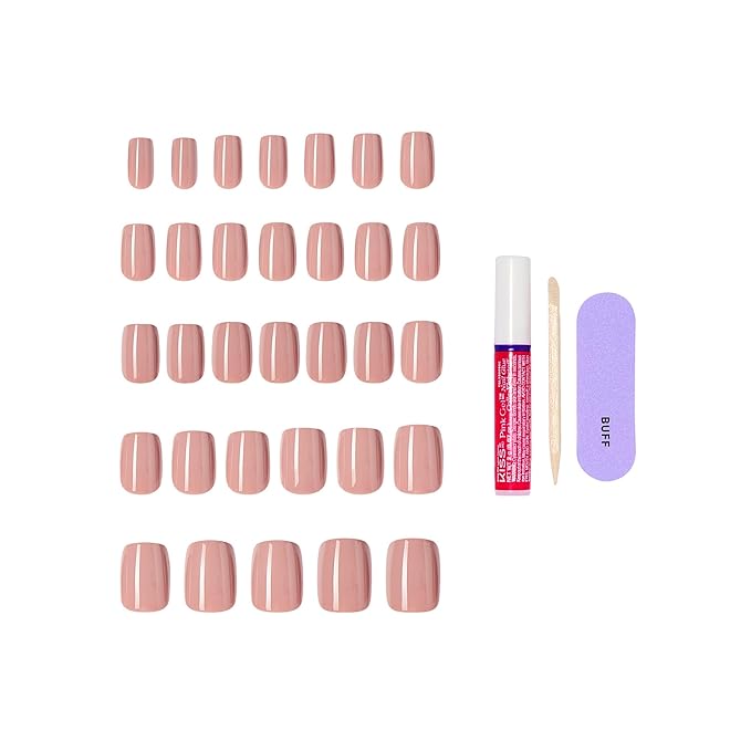KISS CORE, Press On Nails, Nail glue included, 'Embullience', Beige, Short Size, Squoval Shape, Includes 32 Nails, 2g Glue, 1 Manicure Stick, 1 Mini File