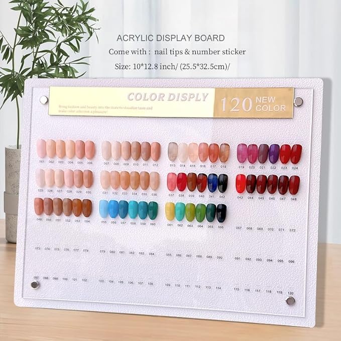 Acycoin2A 120 Nail Color Display Board Nail Art Sample Chart Acrylic Gel Polish Rack Colors Showing Shelf with False Nail Tips and Number Sticker
