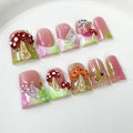 Luxury Handmade Press on Nails Medium Duck False Nails with Cute 3D Mushroom Art Design Handmade Nail with Glue Muti-Layer Gel False Nails Butterfly Charms Thick Nails for Women (Size S)