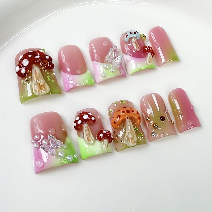 Luxury Handmade Press on Nails Medium Duck False Nails with Cute 3D Mushroom Art Design Handmade Nail with Glue Muti-Layer Gel False Nails Butterfly Charms Thick Nails for Women (Size S)