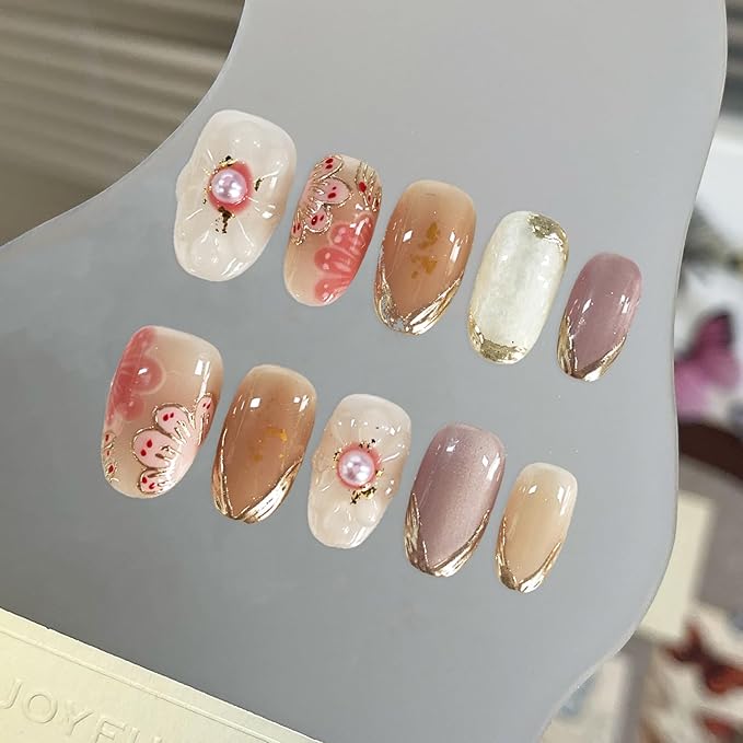 Pink Flower Press on Nails Luxury 3D Pearl Embossed Designs Muti-Layer Gel False Nails Full Cover Short Almond Acrylic Nails Handmade Press on Nails French Tip Stick on Nails for Women (Size S)