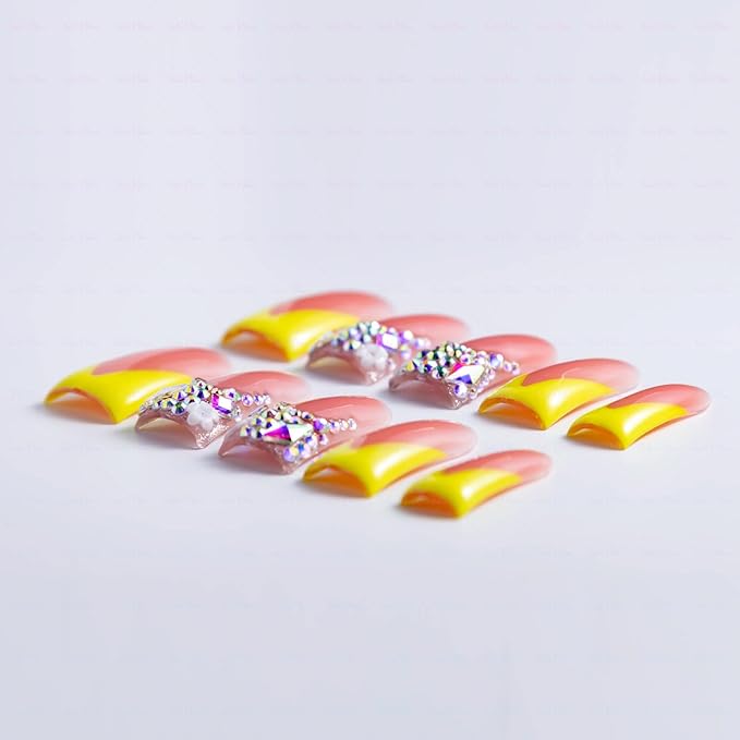 10 Pieces Luxury Acrylic Press On Nails Long Handmade Duck Nails, Yellow Thickened False French Nails, With Bling Rhinestones & Y2K Princess Vibes, Reusable Acrylic Nails (M)