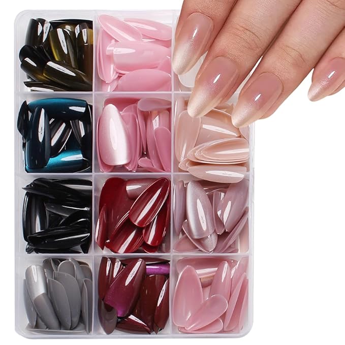 288Pcs Cat Eye Press on Nails Almond Shape 12 Color Glitter Fake Nails Medium, Sparkle Glass Nails Press on, Shiny Acrylic Glue on Nail Gradient Stick on Nail for Women Manicure