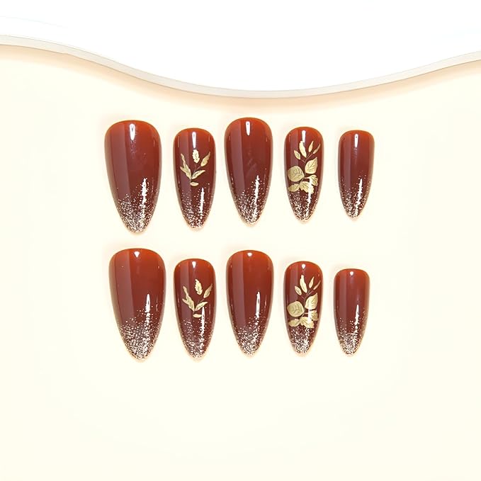 Brown Press on Nails Almond Fake Nails Medium Nails Press Ons with Gold Glitter Design Gold leaf False Nails Glossy Glue on Nail DIY Acrylic Stick on Nail for Women Decorations Set 24Pcs