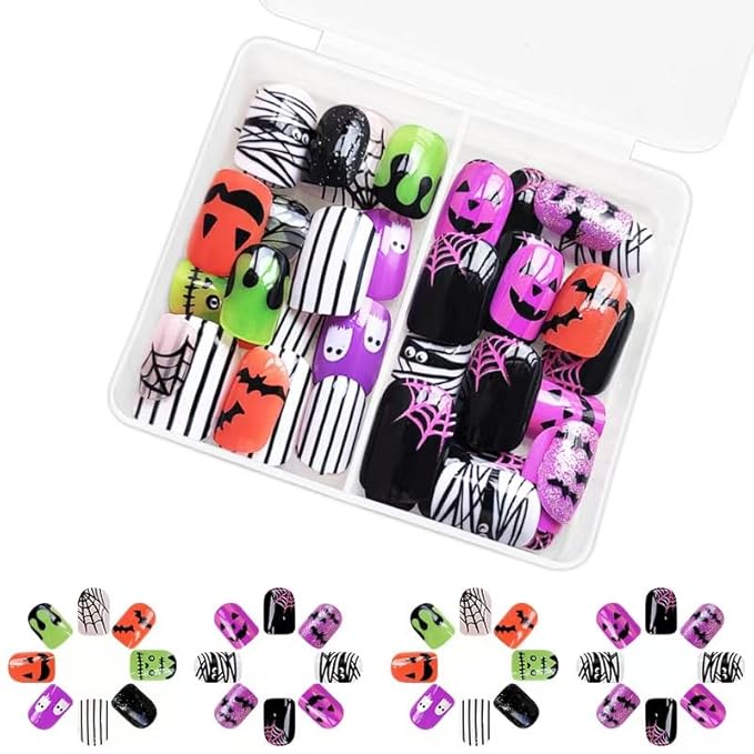 2 Packs 48Pcs Halloween Press on Nails Short Square Fake Nails Ghost Acrylic Nails Pumpkin Bat Designs Glue on Nails Winter Xmas Stick on Nail Kids for Women Girls Manicure Decoration