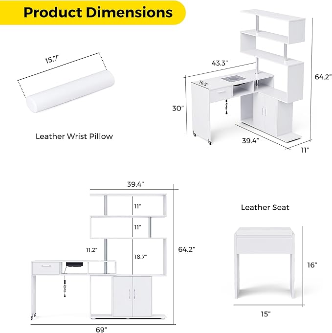 Manicure Table Nail Desk with Dust Collector, L-Shaped Nail Tech Desk with Stool, Two-Way Drawer, Cabinet & Storage Shelves, Rotating Reversible Manicure Workstation on Wheels (White)