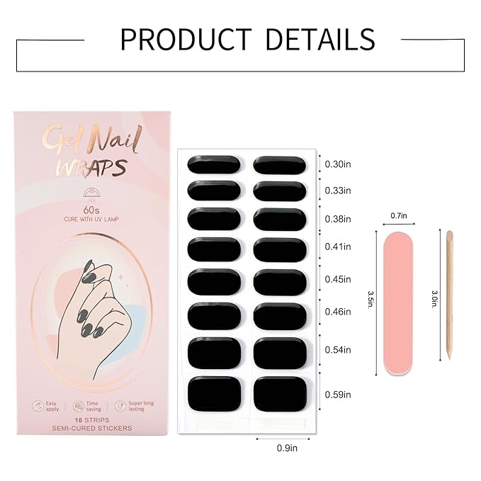 WOKOTO 2 Sheets Semi Cured Gel Nail Strips (Black)-16 Pcs Per Sheet Gel Nail Stickers | Gel Nail Wraps | Uv Light Required, Salon Quality, Real Nail Polish Strips Stick On Nails Kit With Nail File