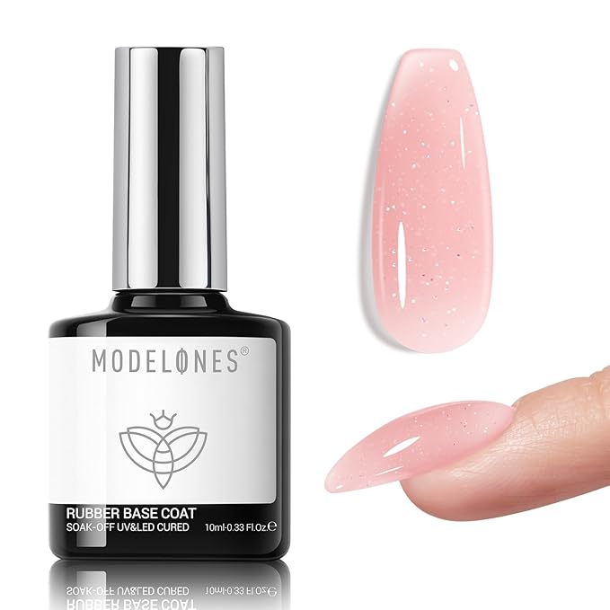 modelones Builder Rubber Gel Base Coat for Nails, Nude Pink Glitter Rubber Base Gel Nail Polish for Strengthen Apex Building Extension Protect Weak Nails Long Last U V Manicure Gift for Women