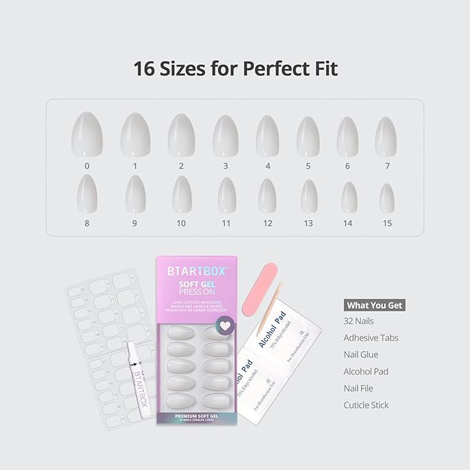 BTArtbox White Press On Nails Short - Soft Gel Press on Nails Almond, White Glue on Nails with Nail Glue, Reusable Stick on Nails in 16 Sizes, Cream Puff