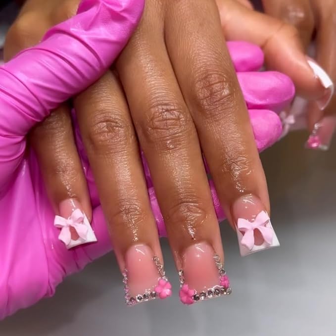 French Tip Press on Nails Handmade Short Duck 3D Floral Thick Acrylic Nails White False Nails with Bow Flower Rhinestones Designs Cute Glossy Fake Nail Sturdy Art Press on Nail 10Pcs(M)