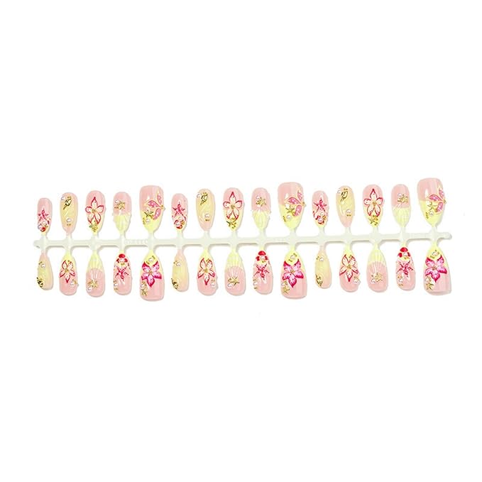 Almond Press on Nails Medium Fake Nails Yellow Artificial Nail Red Floral Designs Cute Pearl Stick on Nail for Women 24pcs