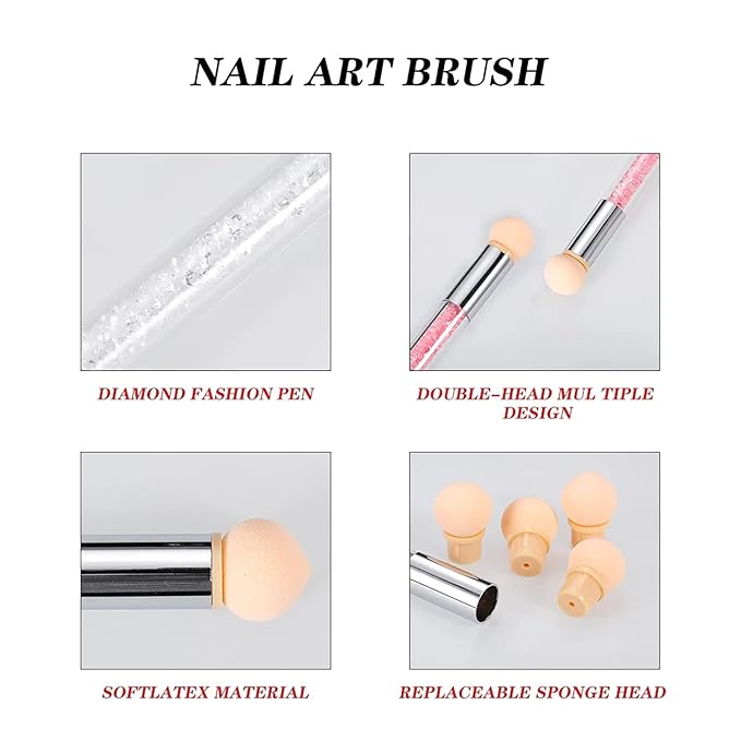 SILPECWEE 1pc Nail Sponges Pen, Ombre Nail Brushes, Double Head Nail Art Brush, Manicure Brush Nail Art Tools for Salon DIY with 16Pcs Replaceable Sponge Heads (Pink)
