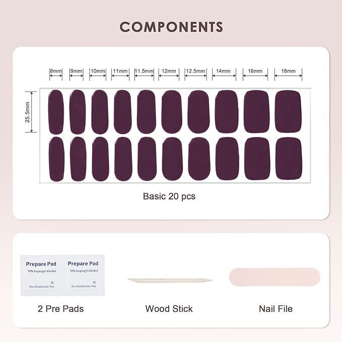 Semi Cured Gel Nail Strips – Real Gel Nail Polish Wraps for Brittle Nails | Long Lasting Easy Peel-Off Removal | Hema-Free | 20-Piece Jelly Solid Dark Purple Salon Kit with File & Stick