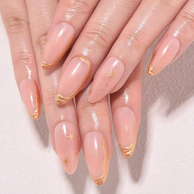evpct Gold French Tip Press on Nails Almond Medium, Nude Pink + Gold Line Tips, Stick on Nails Medium Almond for Women, Full Cover Perfectly Fit Handmade Soft Gel Artificial Fake False Nail Kit