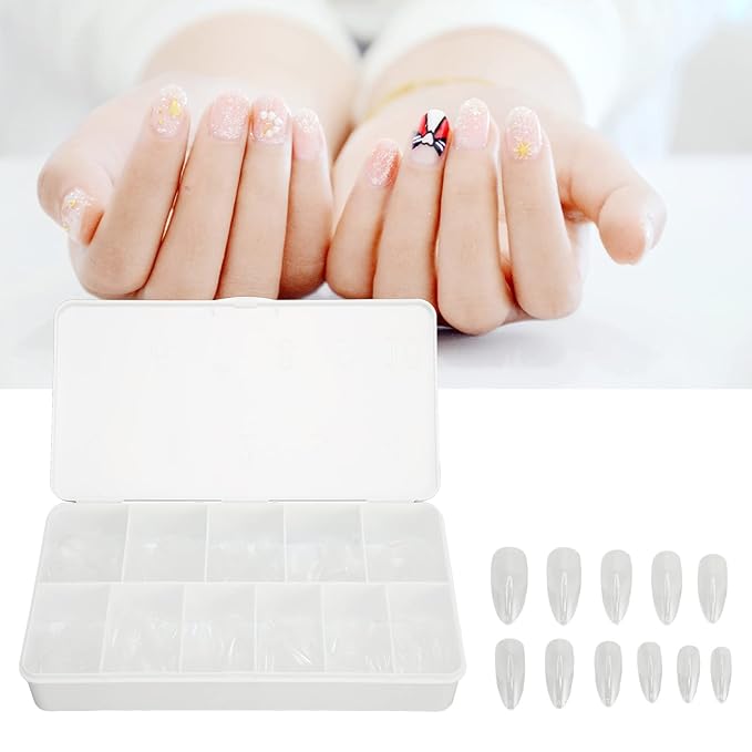550 Tablets Long Clear Nails Ultra Thin Clear Stiletto Fake Nails Set, Long, Full Cover, Almond Shaped with Rhinestones Designs for Wedding, Dating, Party Acrylic Nail Tips Kit