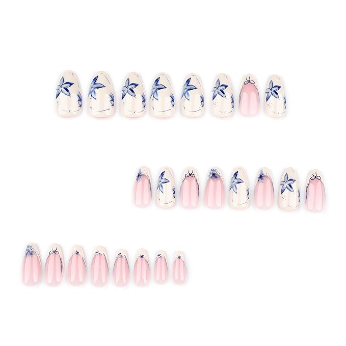 French Short Press On Nails Almond, Nude Fake Nails with Warm Lvory French Tip and Graceful Blue Floral Petal Design, Glossy Gel Finish Acrylic Nails, Natural Reusable Glue On Nails Kit for Women