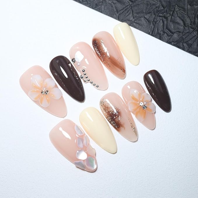 10 Medium Almond Handmade Press On Nails | Light Nude Pink Fake Nails with 3D Floral, Amber Ombre & Rhinestone Accents | Reusable Salon Quality Nails(5U04, S)