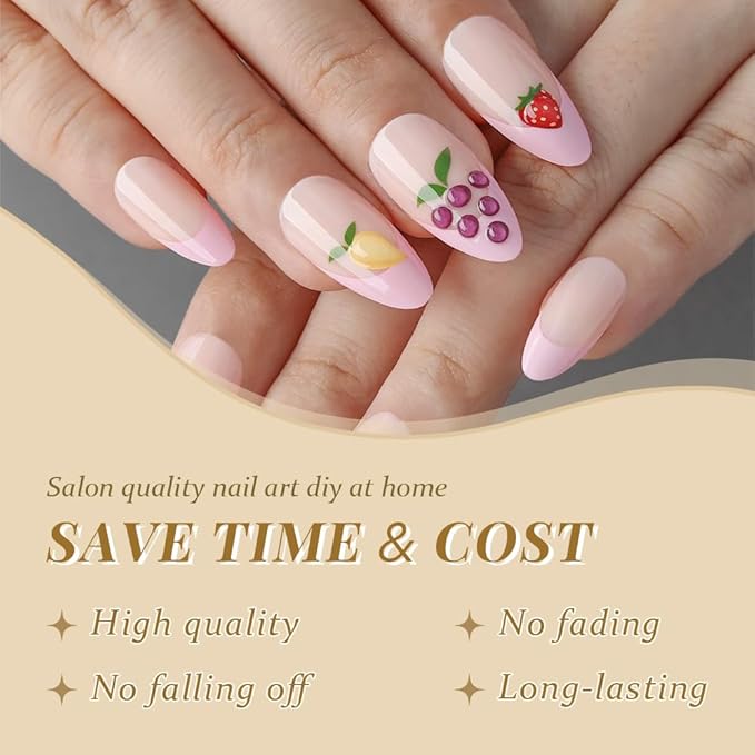 evpct French Tip Press on Nails Medium Almond, Nude + Pink Tips, 3D Fake Nails Kit with 3D Fruits Designs, Berry & Strawberry & Orange & Grape, Stick on Nails with Nail Kit, Reusable Stick on Nail Kit