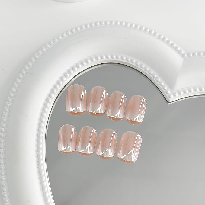 Chrome Press On Nails Short Square White Gradient Fake Nails Nude Pink Full Cover Glossy Glue On False Nails Acrylic Nails 24Pcs, S26