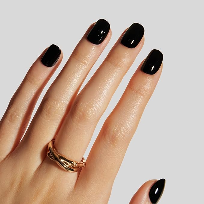 LAMIMOSA 32Pcs Solid Black Press on Nails Extra Short Round - Soft Gel Fake Nails in 16 Sizes, Reusable Solid Color Glue on Nails Kit, ONYX