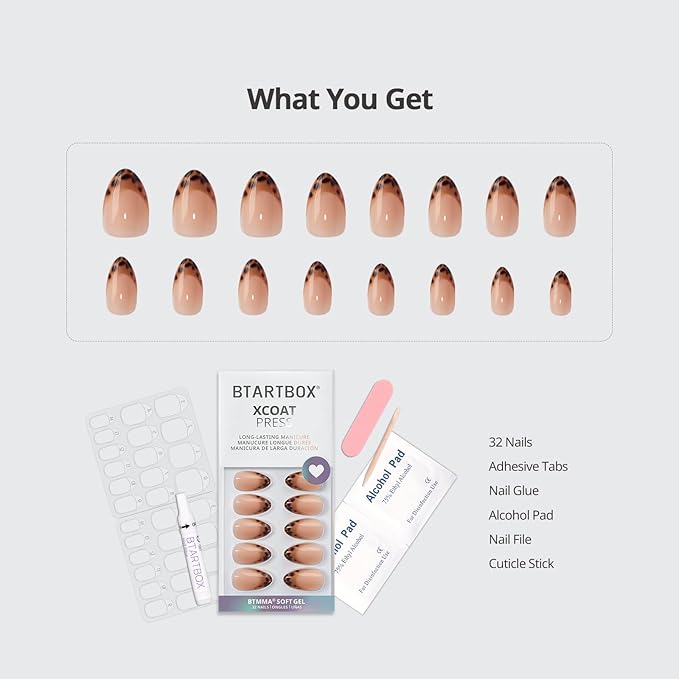 BTArtbox Press On Nails Almond - Espresso Leopard, Lamp-Curable Short French Tip Press On Nails with Glue and Adhesive Tabs for Women, Soft Gel Glue On Nails in 16 Sizes - 32 Stick On Nails Kit