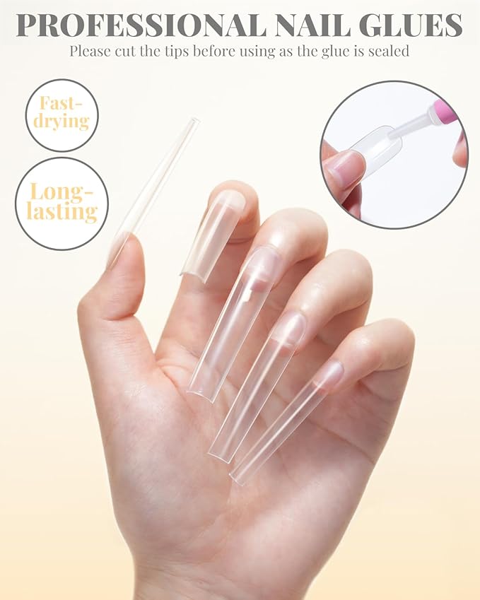 MORGLES Extra Long Tapered Square Nail Tips, 240 Pcs 3XL Full Cover Fake Tips Clear Nail Kit with Glue, Clipper, Files and Cuticle Fork for Acrylic Home DIY with Box