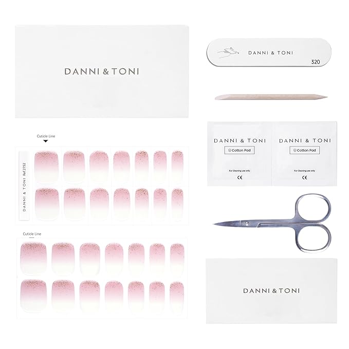 DANNI & TONI Semi Cured Gel Nail Strips Pink White Ombre Gold Glitter Gel Nail Wraps 28 Stickers | Pale Glint