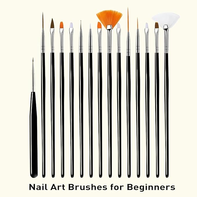 LIGHT RAIN 34Pcs Nail Art Brush Set - Complete Kit with Dotting Tool, Liner Brushes, Acrylic Brushes, Ombre Brush, Cuticle Tool, Rhinestone Picker Pencil for Beginner to Pro Nail Design