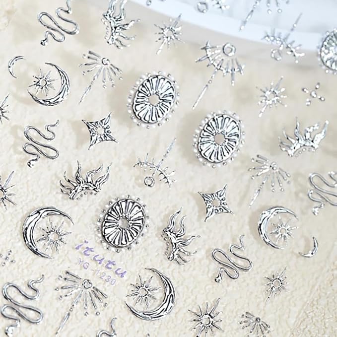 Silver Nail Stickers Star Moon Nail Supplies 5D Embossed Totem Nails Designs 3D Self-Adhesive Snake Nail Decals Sun Flame Nail Art Decoration for Women Girls DIY Manicure 1 Sheet