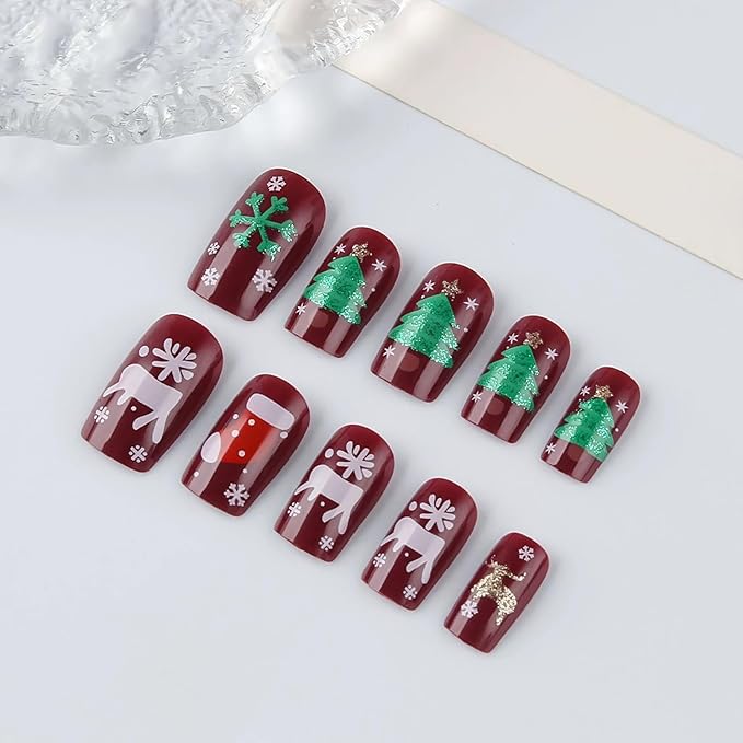 Christmas Press on Nails Medium Square Fake Nails with Snowflake Elk Stocks Christmas Tree Designs Red Xmas False Nail Winter Acrylic Artificial Stick on Nail for Women 24 Pcs