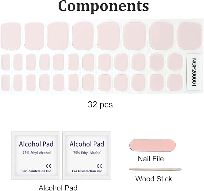 32 Pcs Semi Cured Gel Toe Nail Strips Milky White Gel Nail Stickers Full Cover Nails Wraps Self Adhesive Toe Nails Polish Strips Stickers for Women UV/LED Light Required