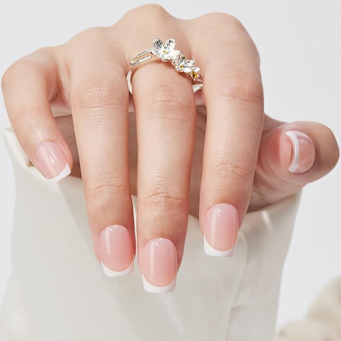 French Tip Press On Nails Short Square - Findigit Gel Press On Nails, White Nail With Glue, Fit Perfectly & Natural Reusable Stick On Nails in 16 Sizes, 32 Pcs