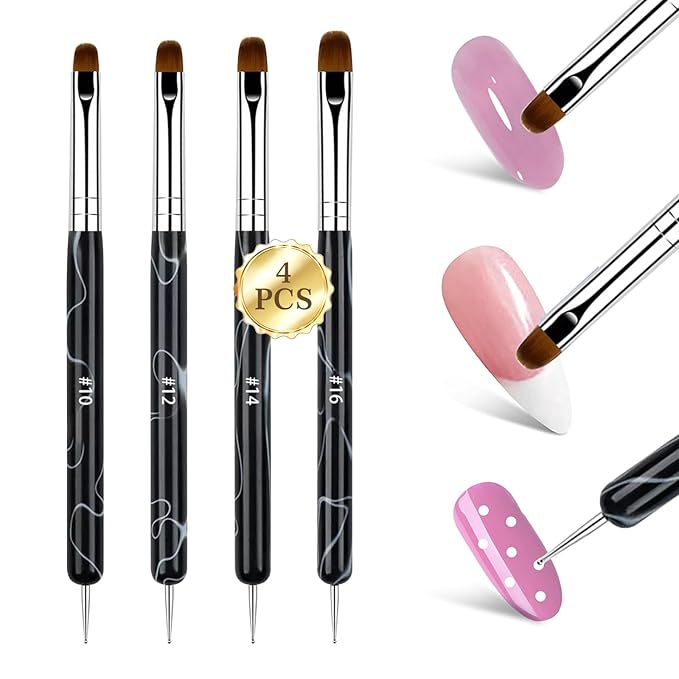 French Manicure Brush Set with Dotting Tools, Double-Ended Nail Art Brushes for Gel & Acrylic, Precision Clean Up & Detail Design, 4 Sizes (#10#12#14#16), NB128-Black
