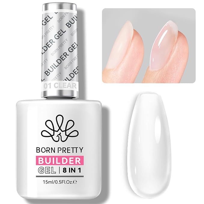 BORN PRETTY Builder Gel for Nails,8-in-1 Clear Builder Nail Gel for Nail Apex and Gel Extension Strengthener,Nail GLue Gel Hard Gel Base Rhinestone Nail Glue Gel in a Bottle 15ml