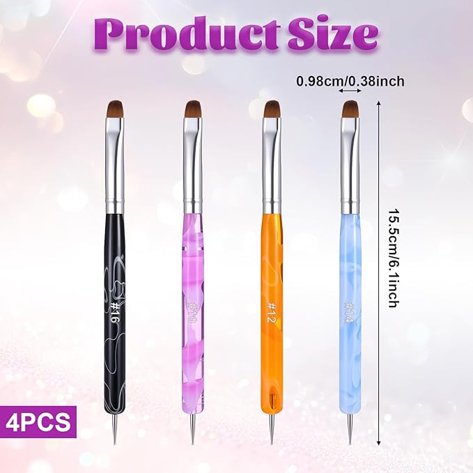 4 Pcs French Gel Nail Brush, French Gel Acrylic Nail Art Brush with Dotting Tool, Professional Manicure Tool for Extension Gels Nails Detailed Designs DIY Nails Salon (10# 12# 14# 16#)
