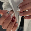 Crocodile Print French Tip Press on Nails - Star False Nails Short Almond Fake Nails Press ons with Pearl Design, Full Cover Pentagram Glue on Nails for Women Y2K Manicure 24Pcs