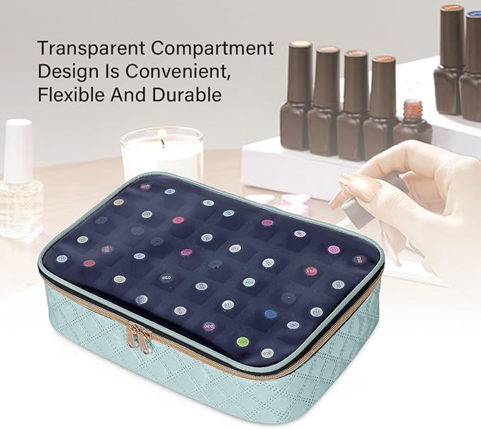 Nail Polish Bag organizer-Holds 40 bottles(15ml-0.5fl.oz)，Nail Polish Carrying Case Clear Multifunctional Cosmetic Travel Cases Makeup Bags Green