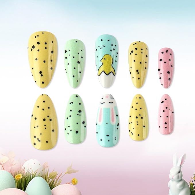 Easter Press on Nails Short Almond Petite Easter Bunny Fake Nail Pink Full Cover Bunny False Nails with Chick Designs Glossy Cute Acrylic Nails Manicure Artificial Nail for Women Manicure Decor 24 Pcs