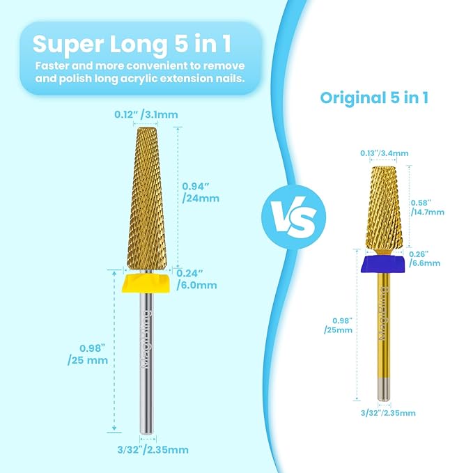 24mm Super Long 5-in-1 Tapered Barrel Nail Drill Bit, 3/32'' Tungsten Carbide E-File Bit for Fast Gel Removal & Long Nail Shaping, Two-Way Rotation Safety Bit for Acrylic Extensions, Extra Fine
