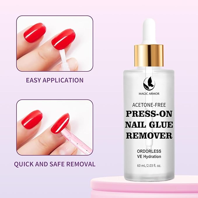 60ML Press On Nail Glue Remover - Acetone-Free Odorless Fake Nail Remover with Crystal Stick, Soft Painless Removal for Nail Tips & Rhinestone Adhesive