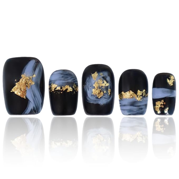 Handmade Nails Black Short Square Press on Nails 3D Stick On Nails For Women Square Shaped Press On Nails Fake Nails With Designs Woman Gifts COOLYOUNG Nails, 10 PCS, Size S