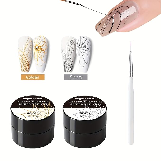 5g/0.18oz Spider Gel Kit for Nails, Spider GelS for Nail Art Wire Drawing NailS Gel for Line with Brushes for Nail Art (Golden Silvery)