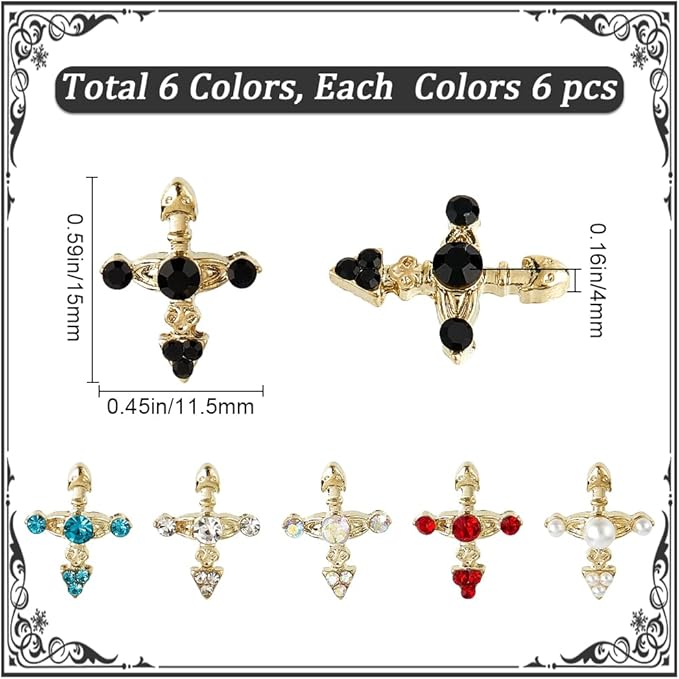 CRASPIRE 36Pcs 6 Colors Cross Nail Charms 3D Y2K Metal Alloy Rhinestone Flat Luxury Gems Set Gothic Vintage Punk Studs Decor for Women Art Crafts DIY Jewelry Christmas Decorations Cellphone