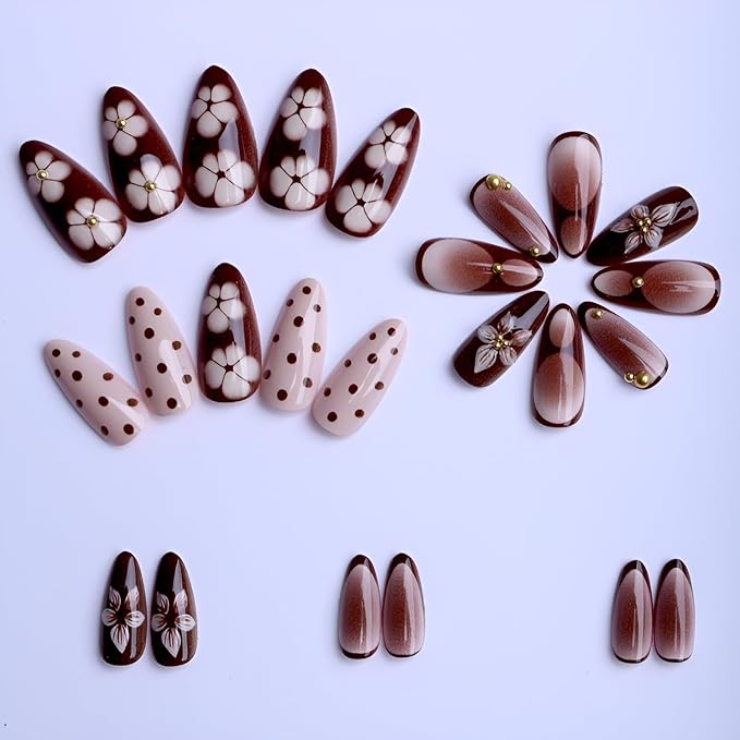 Flower Press on Nails Almond Fake Nails Polka Dot False Nails Medium Brown Nails Press Ons with Gold Rhinestones Design Glossy Stick on Nail Embossed Flower Glue on Nail for Women 24Pcs