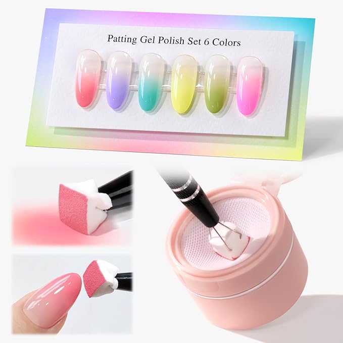 Double Rhythm Painting Gel Polish Set for Nail Art Palette Patting Gel Polish 6 Colors with 100 Pcs Sponges and Grabbing Pen (Peach Purple Pink Blue Green Yellow-T6-68)