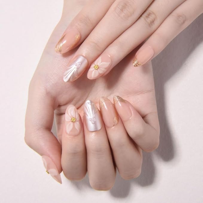 3D Press on Nails Short Almond with Flower Design, Pearl White Shell Press ons Glossy Stick on Nails for Women with Kit, Reusable Soft Gel Stick on Cute Fake Nail with Gold Line Designs Perfectly Fit