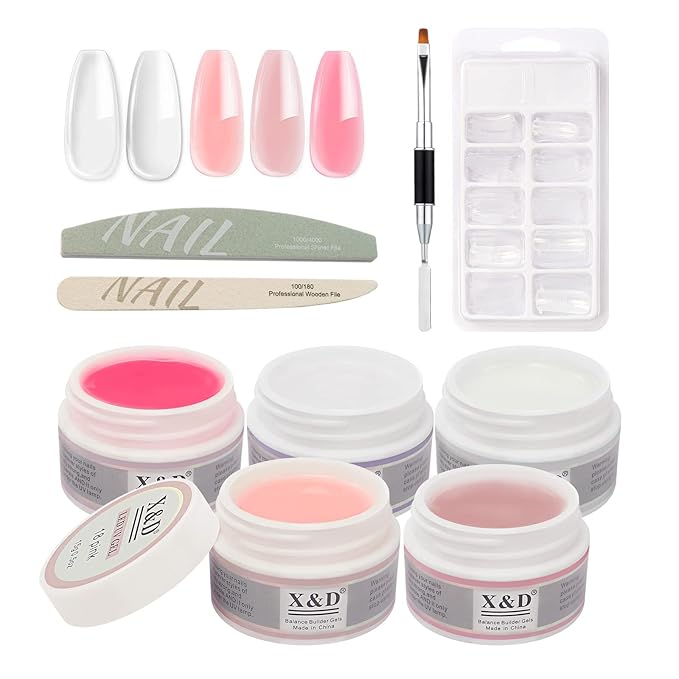 X&D Poly Gel Nail Kit Polygel Quick Dry Natural Clear Polygel 5 Colors Nail Extension Balance Builder with Dual Forms, Brush with Spatula, Professional File and Buffer Set