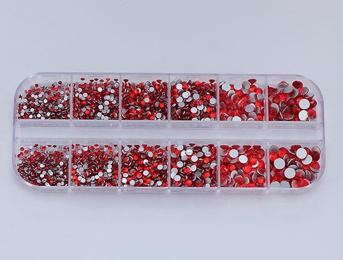 Over 2100 Pieces Red Ruby Lt Siam Flat Back Glass Rhinestones Crystals for Nail Art Kit 6 Sizes (1.4mm - 4.8mm)