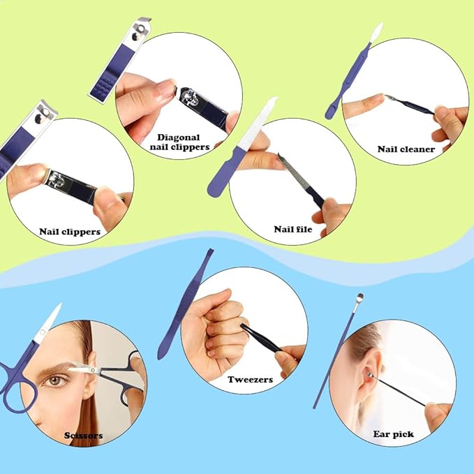 Nail Clippers Manicure Set Easter Basket Stuffers Nail Tools Pedicure Supplies Fingernail Clippers for Men Manicure Kit Toenail Clipper 8 in 1 Pednicure Tools Blue with Leather Travel Case